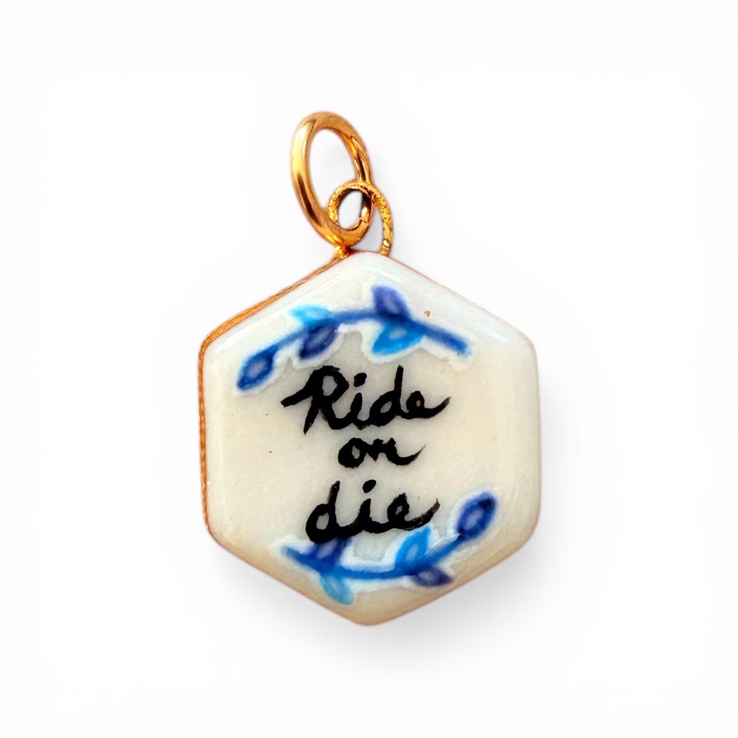 "Ride or Die” Black & Blue Hexagon Charm