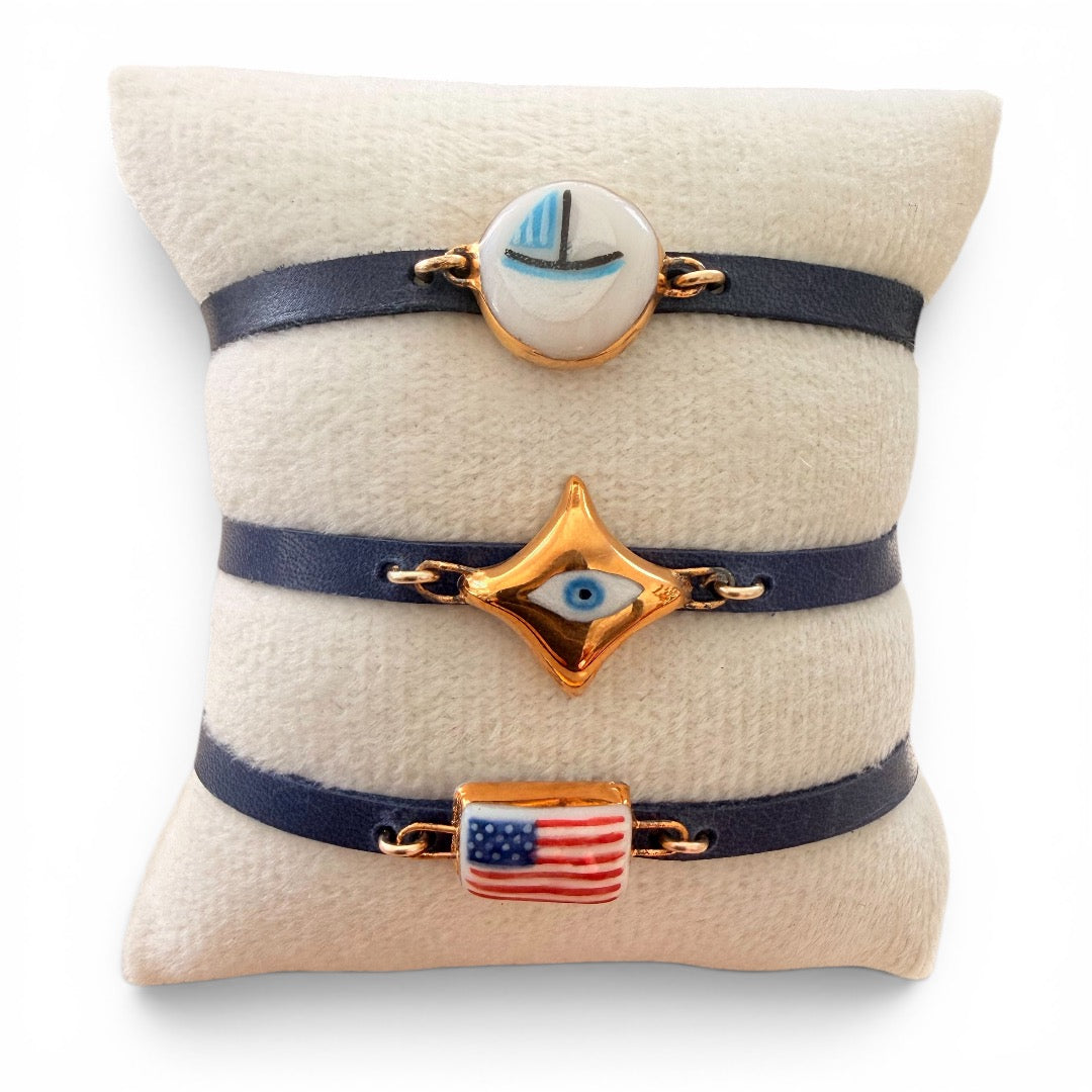 Adjustable Navy Leather Charm Bracelet