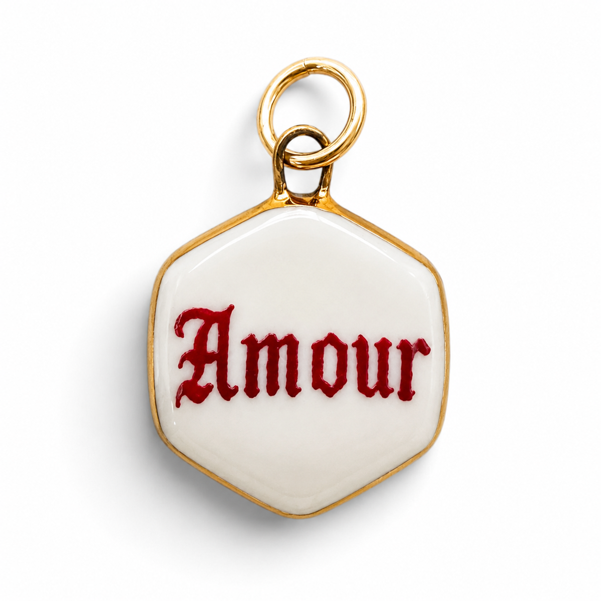 “Amour” Old English Hexagon Charm