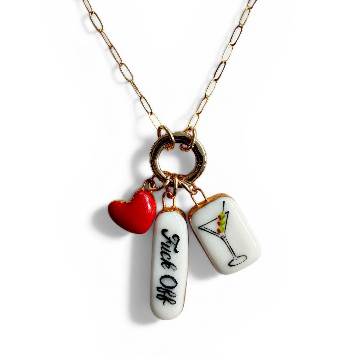 Red Heart, “Fuck Off”, Martini Charm Necklace