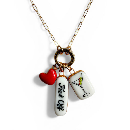 Red Heart, “Fuck Off”, Martini Charm Necklace