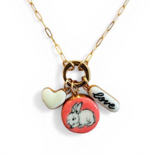 White Heart, Bunny, “Love” Bar Charm Necklace