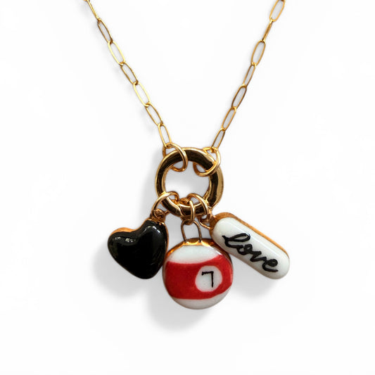 Black Heart, 7-Ball, “Love” Charm Necklace