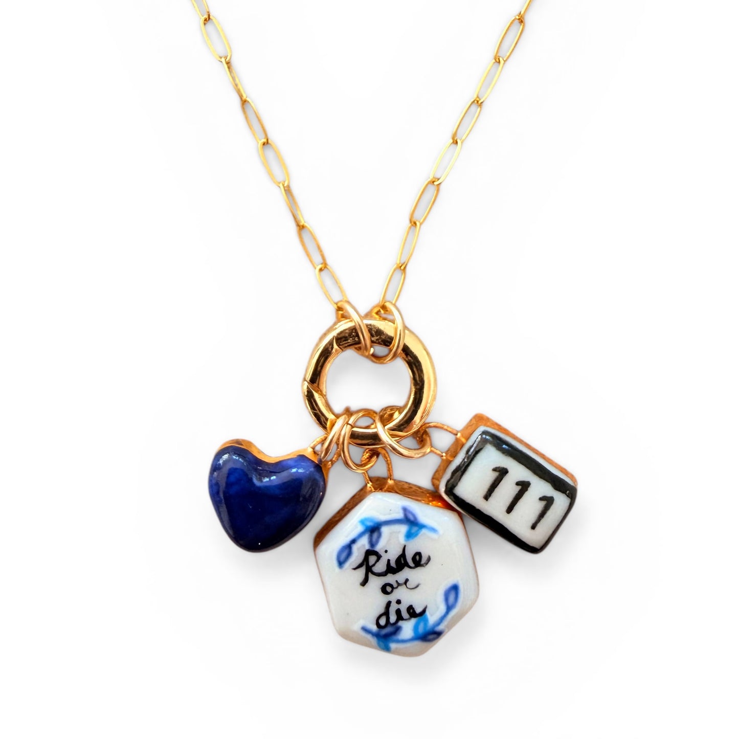 Navy Heart, “Ride or Die” Hex, Angel Number Charm Necklace