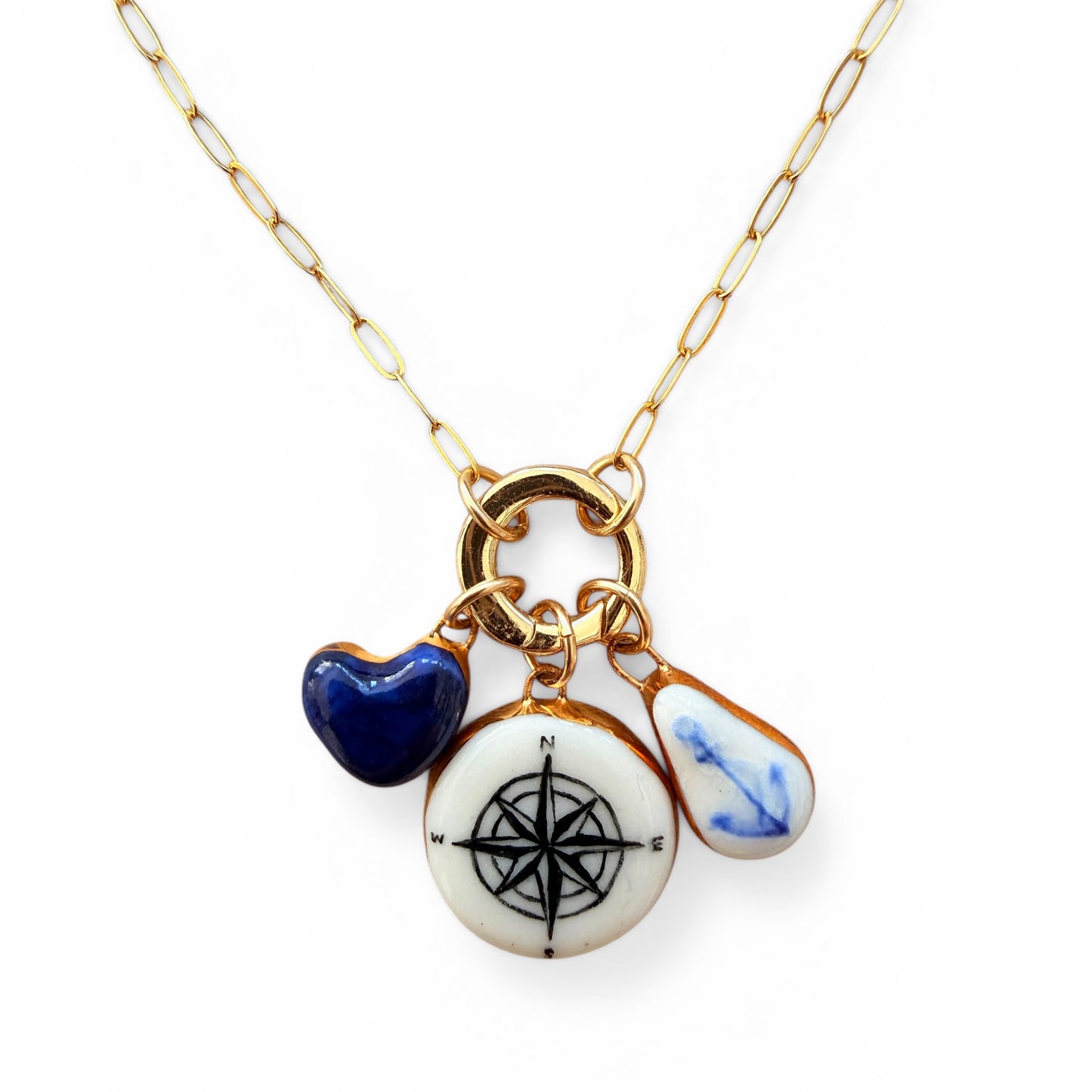 Navy Heart, Compass, Anchor Charm Necklace