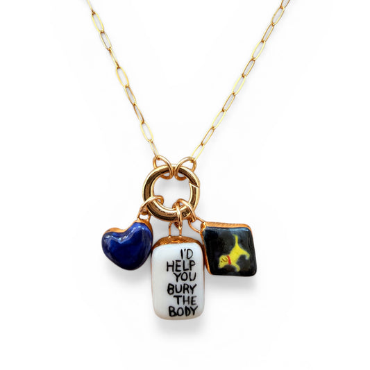 Navy Heart, “I’d Help You Bury…”, Vintage Dog Charm Necklace