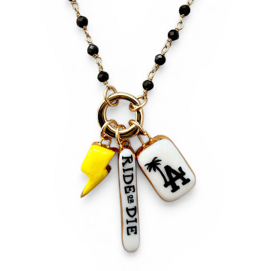 Yellow Lightning Bolt, “Ride or Die”, LA Palm Charm Necklace