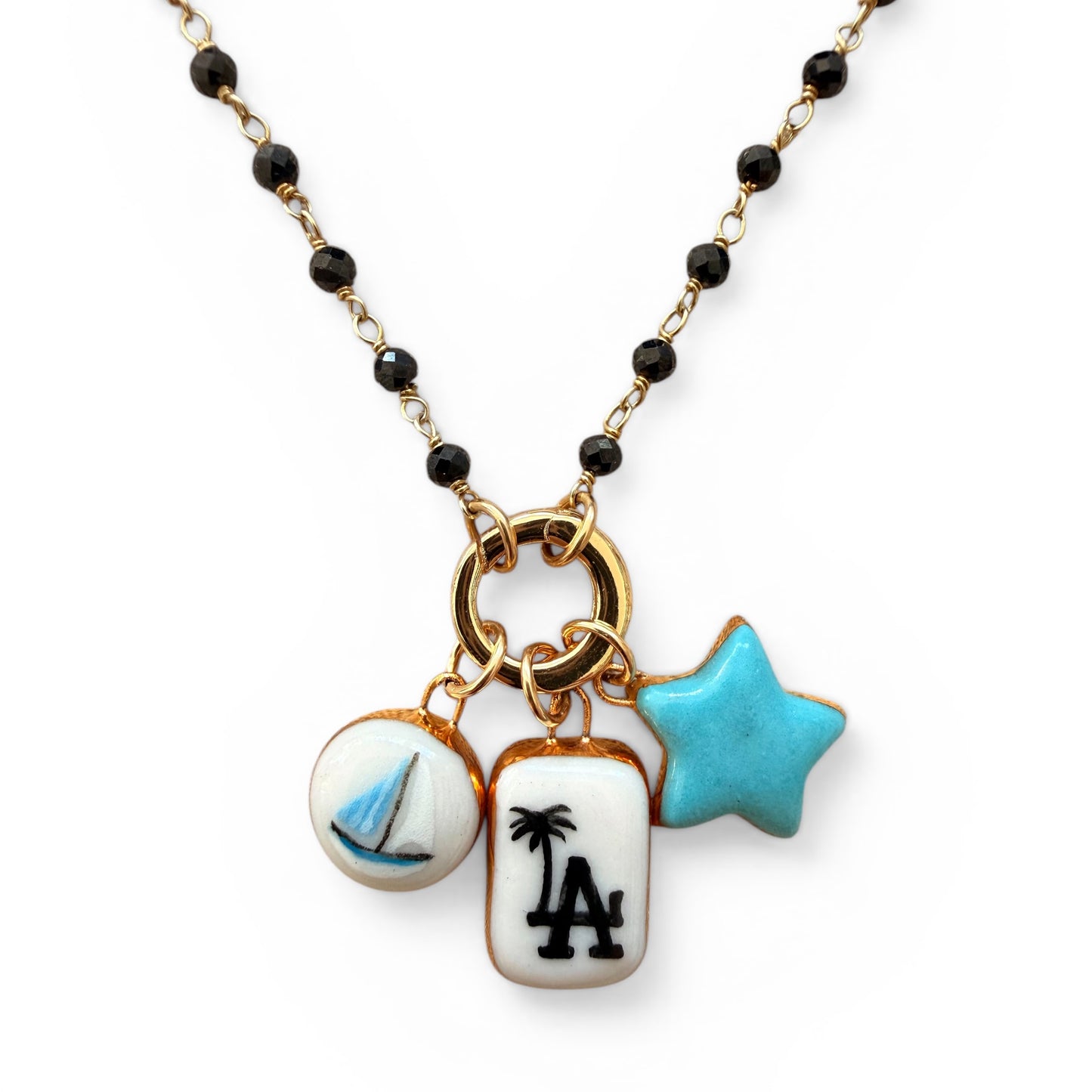 Blue Sailboat Circle, LA Palm, Blue Star Charm Necklace