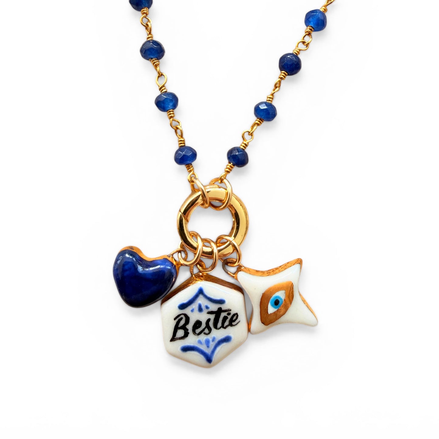 Navy Heart, “Bestie”, White Evil Eye Charm Necklace