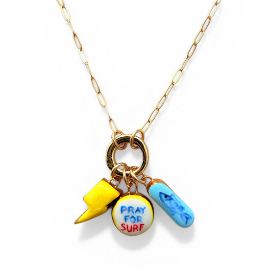 Yellow Lightning, “Pray for Surf”, Blue Fish Charm Necklace