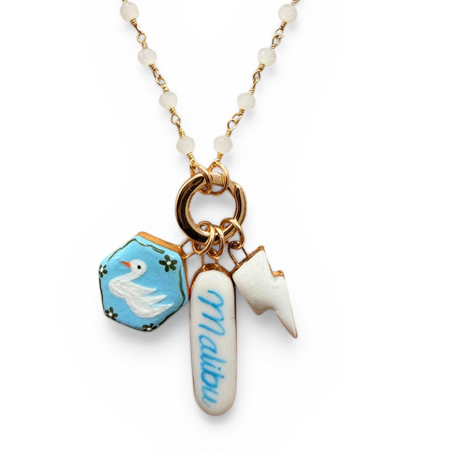 Swan, “Malibu”, White Lightning Bolt Charm Necklace