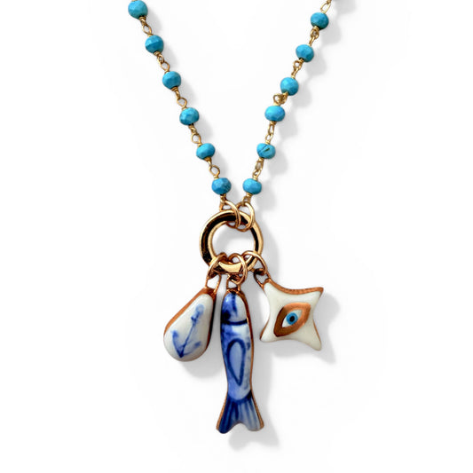 Navy Anchor, Blue Fish, White Evil Eye Charm Necklace
