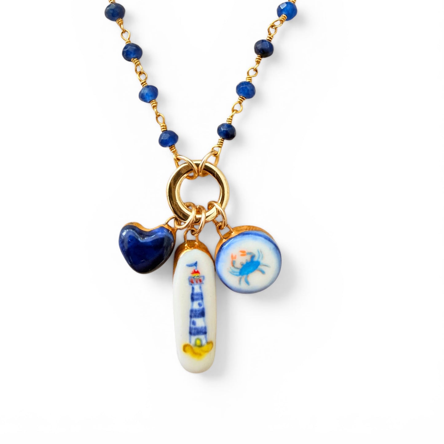 Navy Heart, Blue Lighthouse, Blue Crab Charm Necklace
