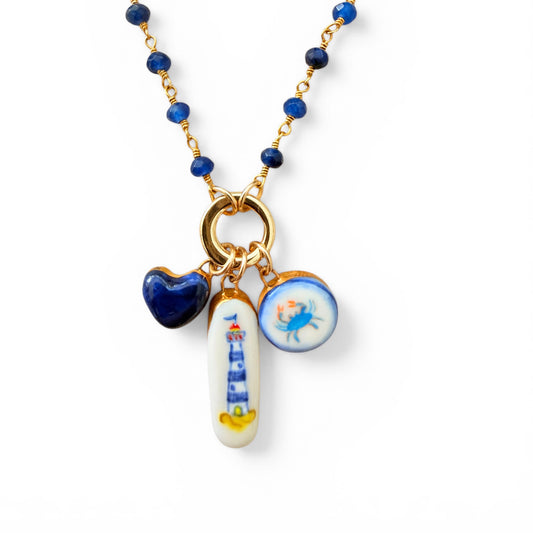 Navy Heart, Blue Lighthouse, Blue Crab Charm Necklace