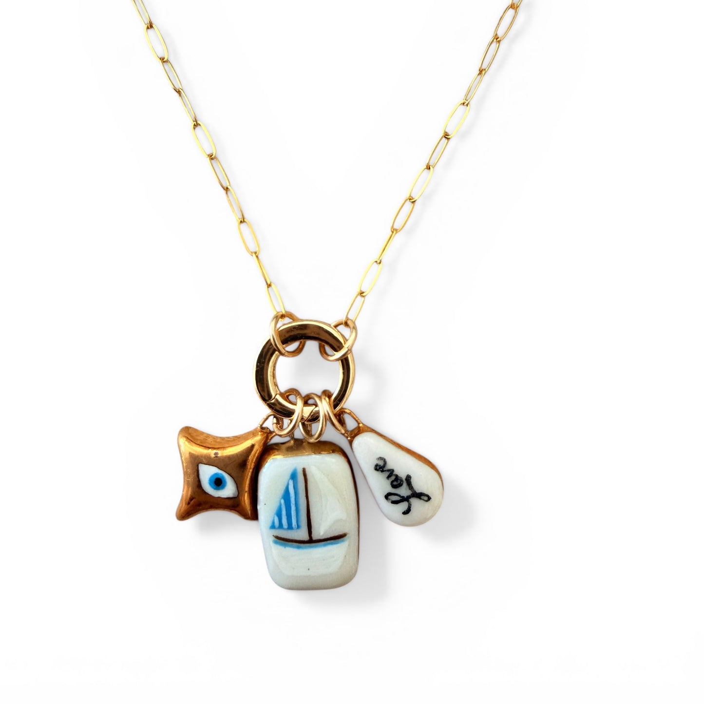 Gold Evil Eye, Blue Sailboat, "Love" Teardrop Charm Necklace