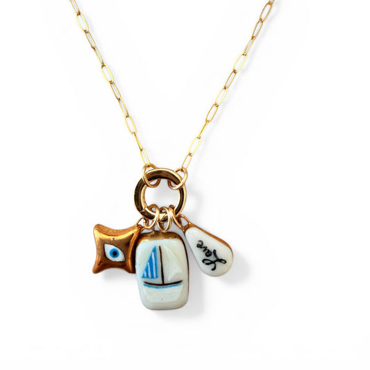 Gold Evil Eye, Blue Sailboat, "Love" Teardrop Charm Necklace