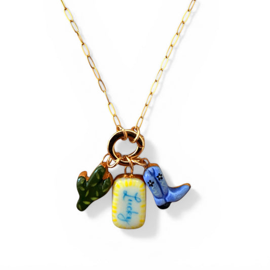Cactus, Yellow "Lucky", Periwinkle Boot Charm Necklace