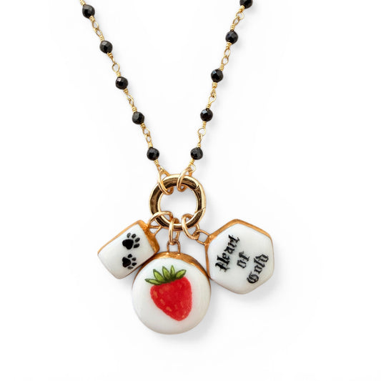  Paw Prints, Lrg Strawberry, "Heart of Gold" Charm Necklace