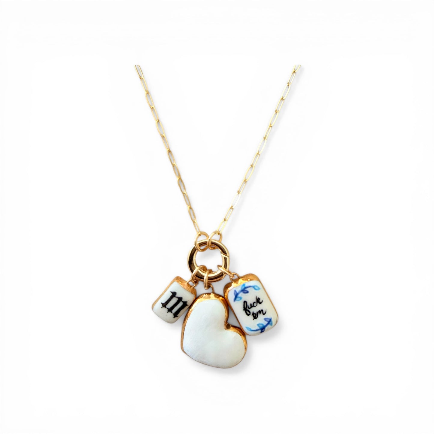 Old English, White Heart, "Fuck 'Em" Floral Charm Necklace