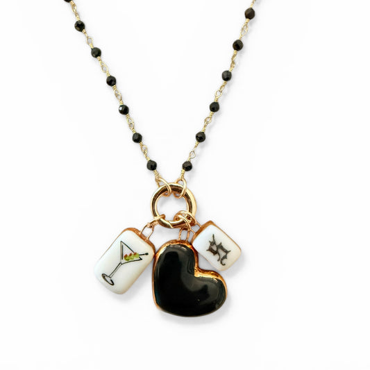 Martini, Lrg Black Heart, Old English Initial Charm Necklace