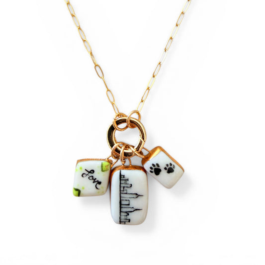 "Love" Diamond, Skyline, Paw Prints Charm Necklace