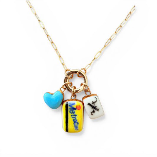 Blue Heart, Metrocard, Old English Initial Charm Necklace