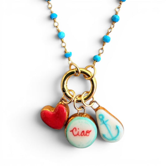 Red Heart, "Ciao", Light Blue Anchor Charm Necklace