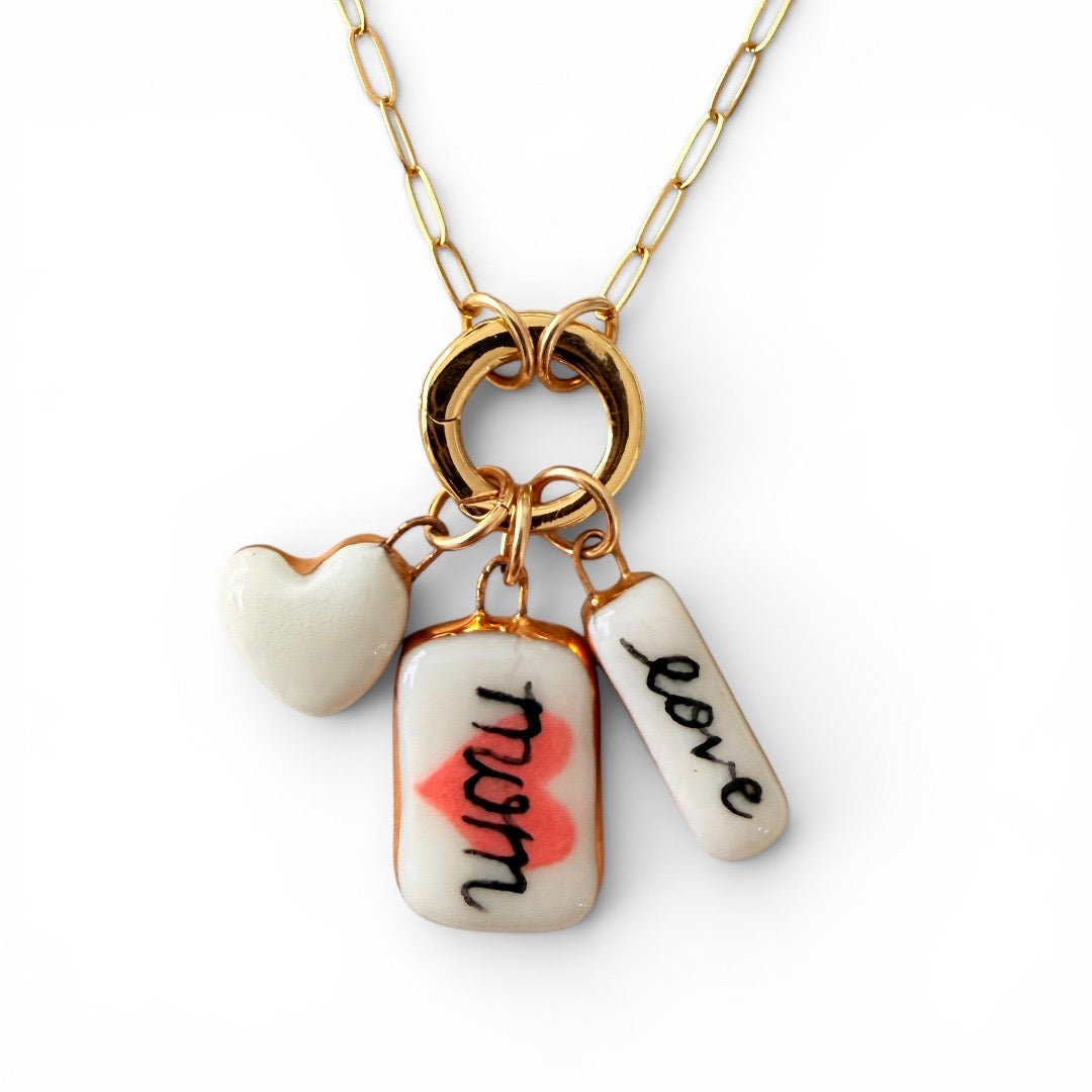 White Heart, "Mom" Love, "Love" Bar Charm Necklace
