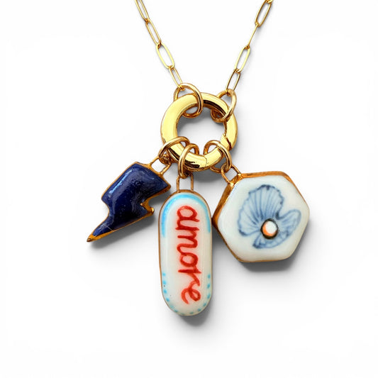 Navy Lightning Bolt, "Amore" Bar, Oyster Charm Necklace