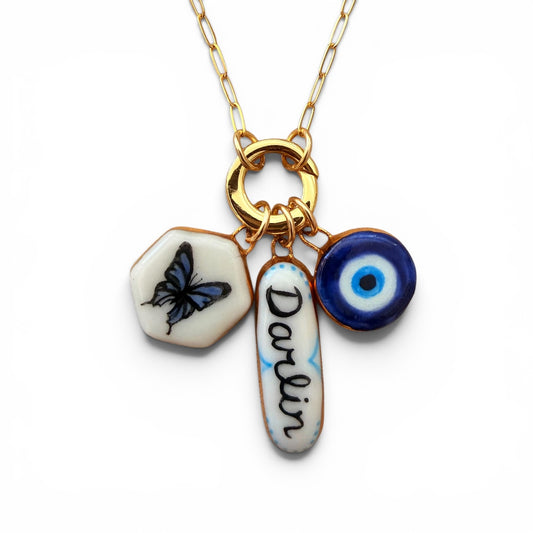 Blue Butterfly, "Darlin", Evil Eye Charm Necklace