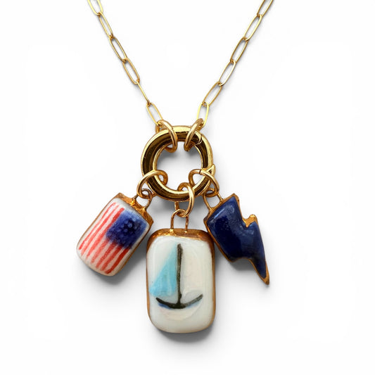 American Flag, Blue Sailboat, Navy Lightning Charm Necklace