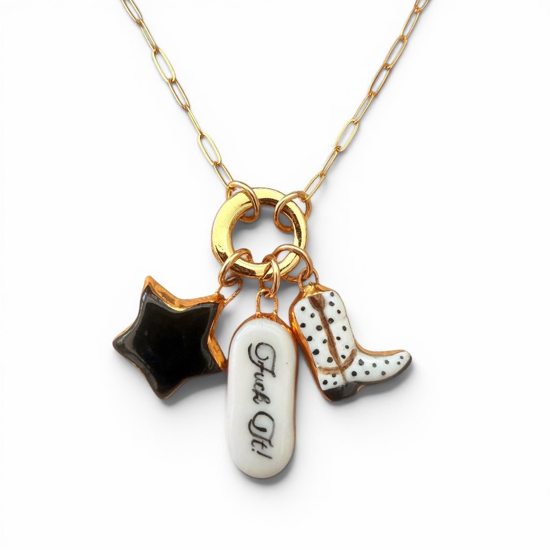 Black Star, "Fuck It!", Spotted Cowboy Boot Charm Necklace