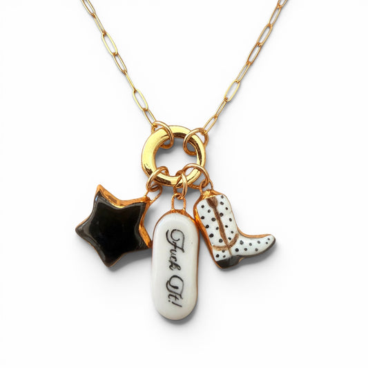 Black Star, "Fuck It!", Spotted Cowboy Boot Charm Necklace