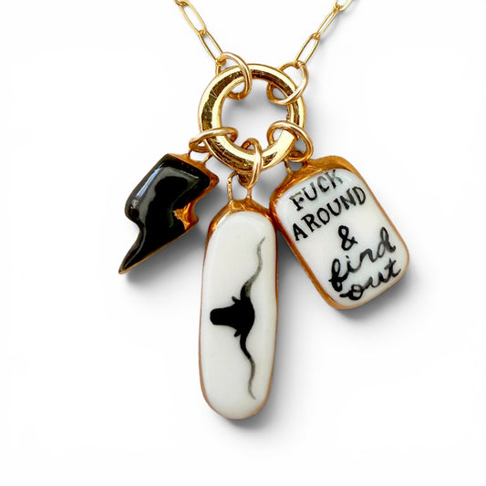 Black Lightning Bolt, Longhorn, "Fuck Around" Charm Necklace