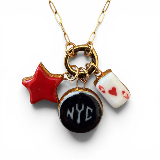 Red Star, B&W "NYC" Circle, Ace of Hearts Charm Necklace
