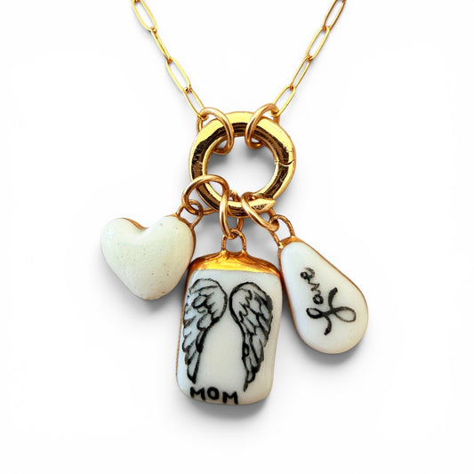 White Heart, Angel Wing, "Love" Teardrop Charm Necklace