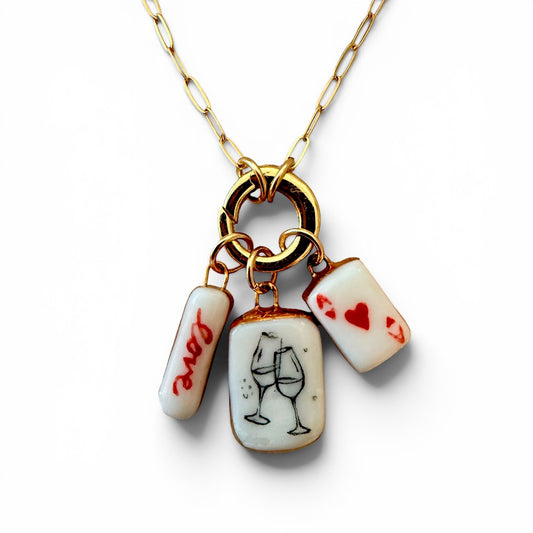 Red "Love", Champagne, Ace of Hearts Charm Necklace