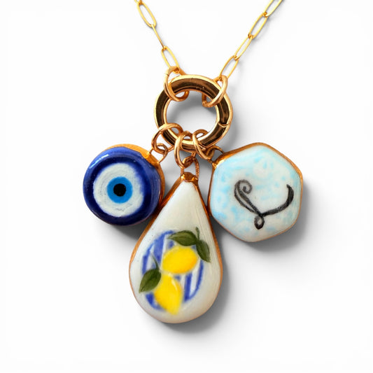 Evil Eye, Lemon Teardrop, Initial Hex Charm Necklace