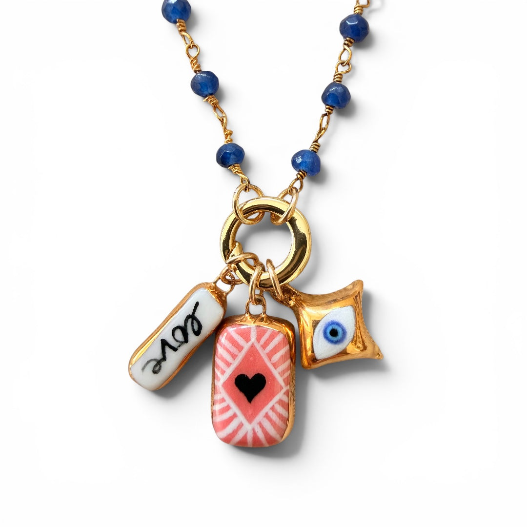 "Love", Shining Heart, Gold & White Evil Eye Charm Necklace