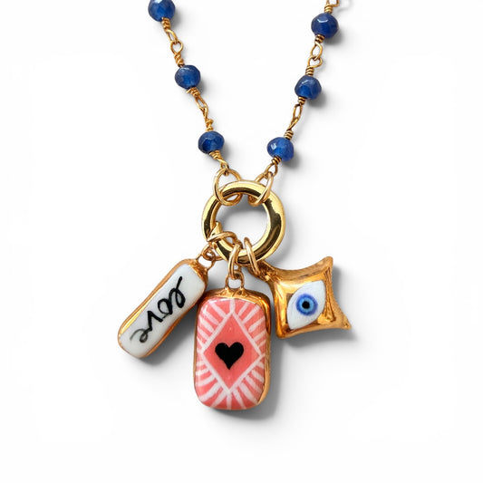 "Love", Shining Heart, Gold & White Evil Eye Charm Necklace