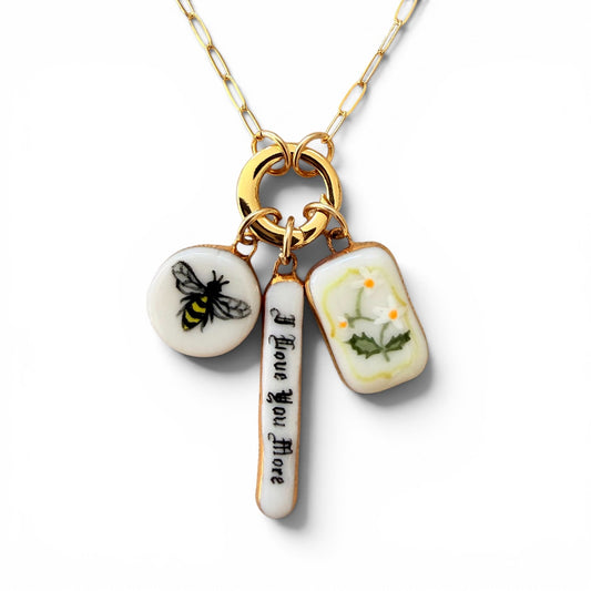 Bee, "I Love You More" Old English, Daisy Charm Necklace