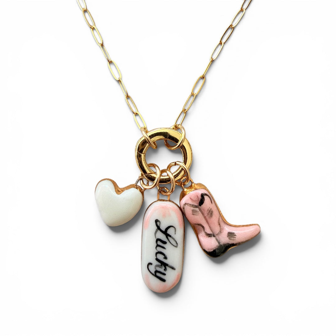 White Heart, Pink "Lucky", Pink Cowboy Boot Charm Necklace
