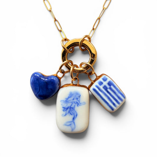Navy Heart, Mermaid, Greek Flag Charm Necklace