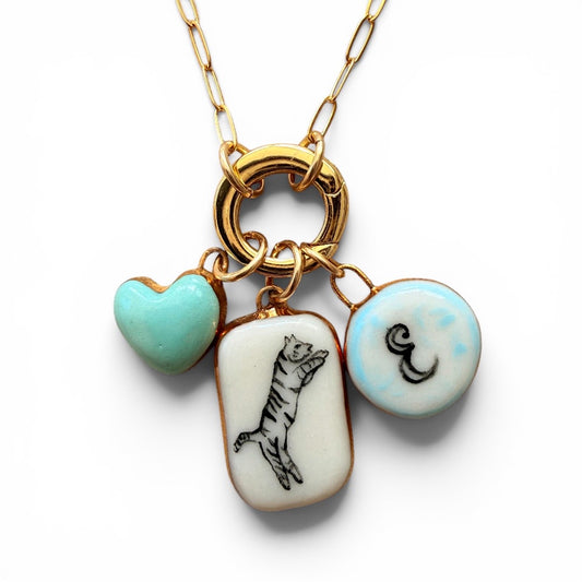 Turquoise Heart, B&W Tiger, Initial Circle Charm Necklace