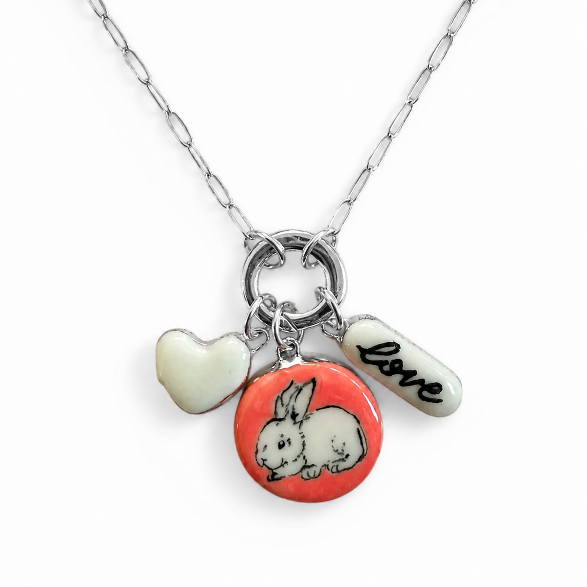 White Heart, Bunny, “Love” Bar Charm Necklace